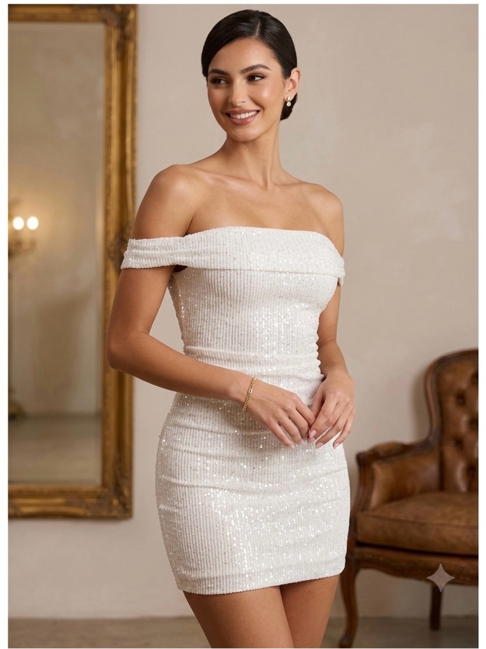 Peppermayo White Off-Shoulder Sequin Mini Dress
